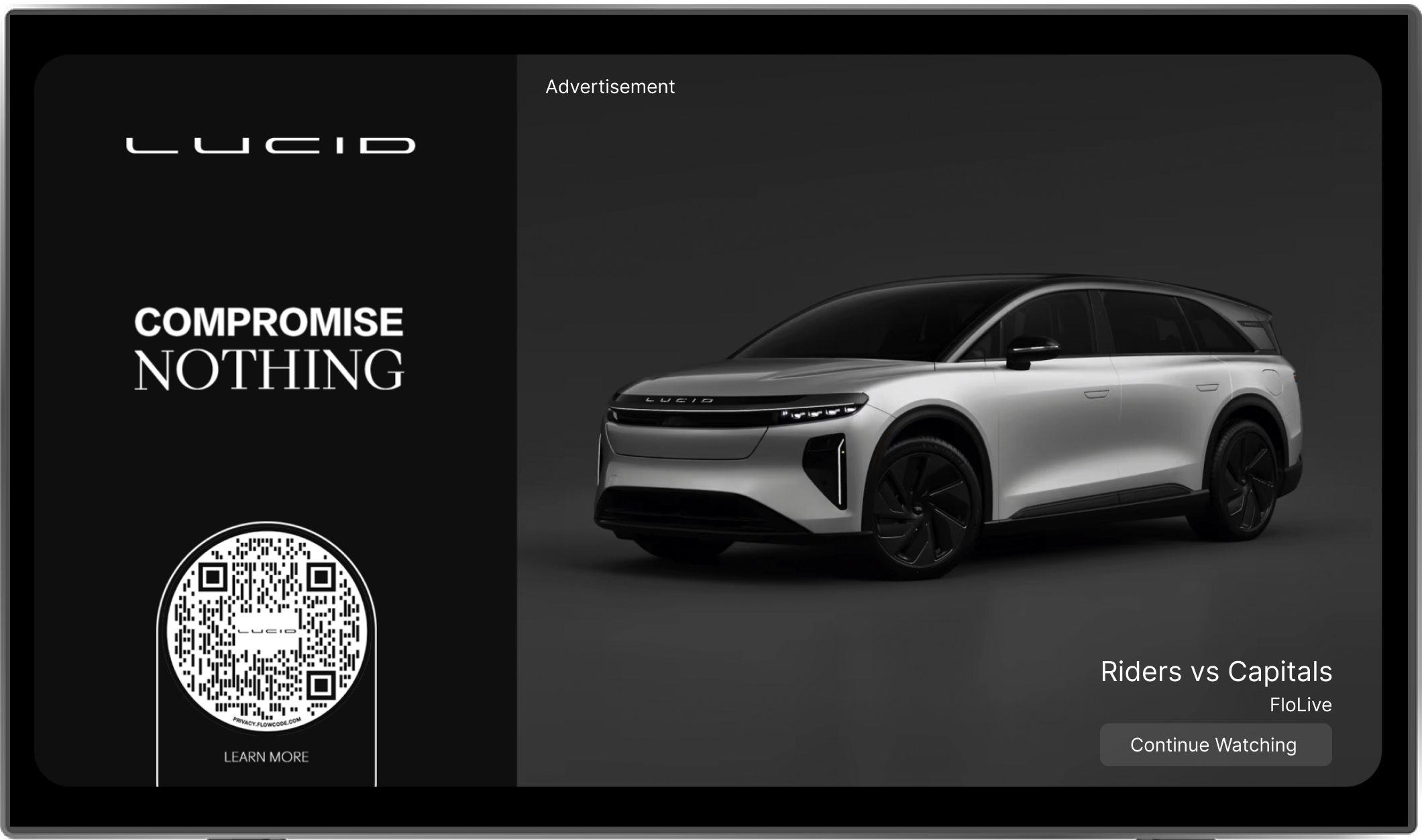 Pause Ad on a CTV screen showing a car brand creative with a scannable QR code alongside a Continue Watching prompt