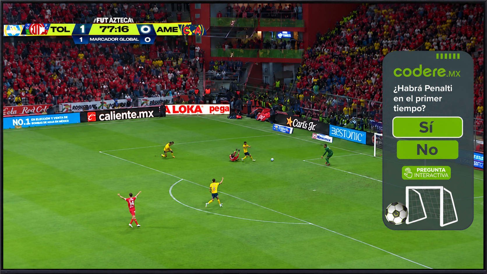 Live football broadcast with a sponsored in-content prediction question and Yes or No answer buttons